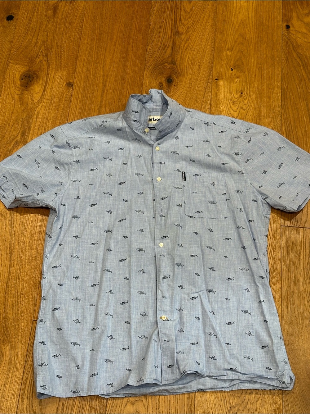 Barbour Light Blue Short-Sleeve Button-Down with Navy Fish Print
